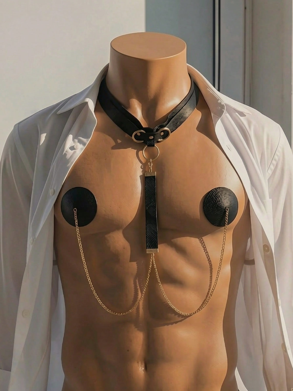 Black faux leather studded nipple covers for men featuring a hanging decorative chain detail.
