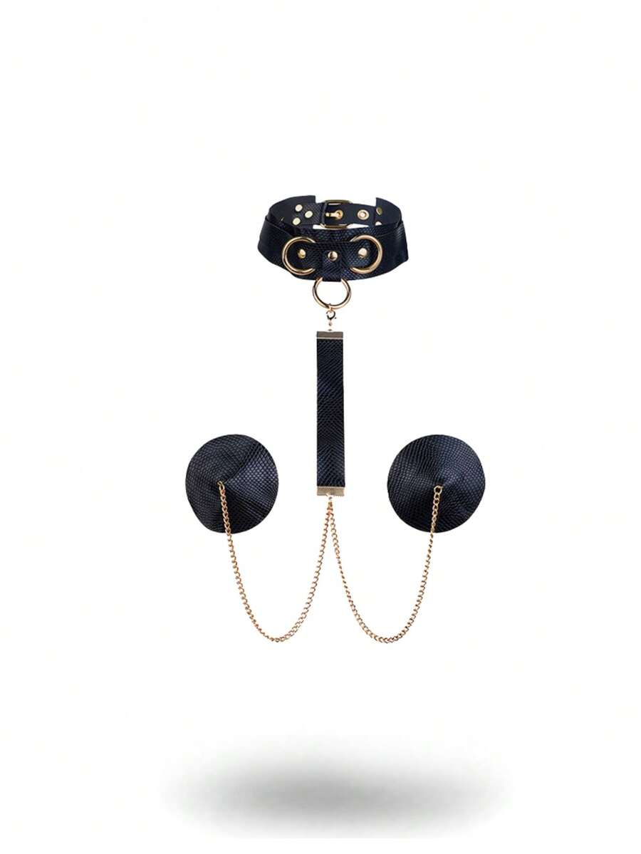 Black faux leather studded nipple covers for men featuring a hanging decorative chain detail.