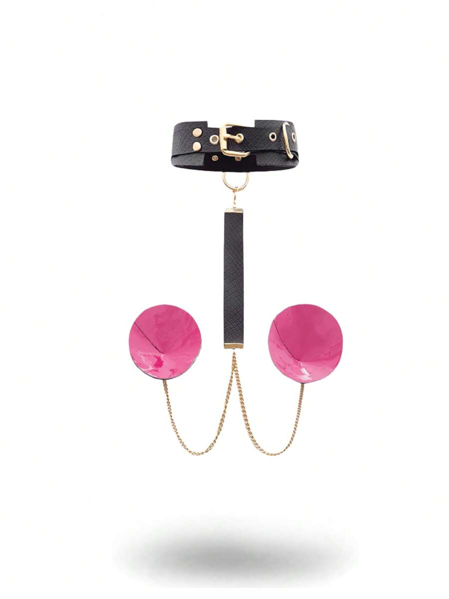 Black faux leather studded nipple covers for men featuring a hanging decorative chain detail.