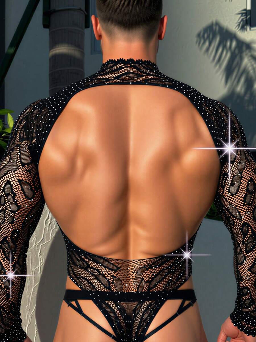 Front view of a men's black sheer hollow-out long jumpsuit featuring a stand collar