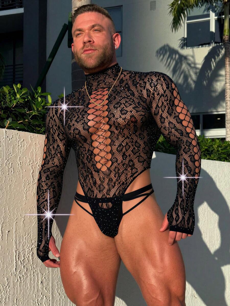 Front view of a men's black sheer hollow-out long jumpsuit featuring a stand collar
