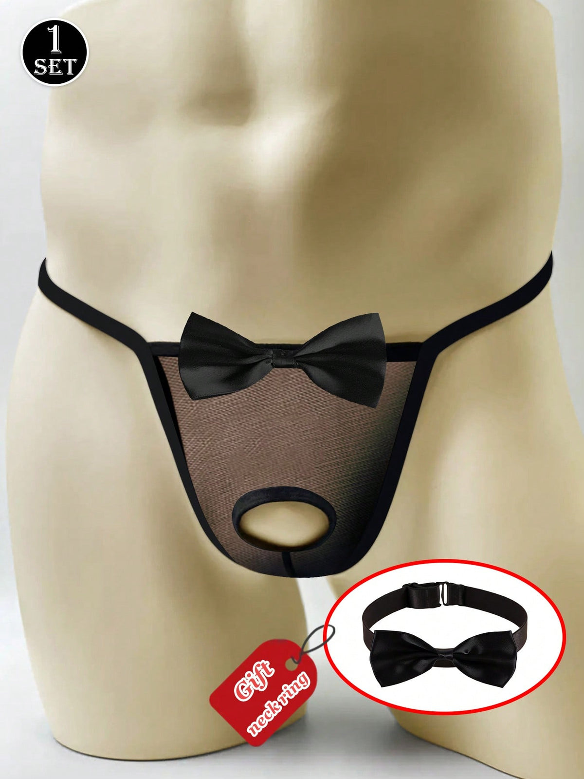 Black 2-piece men's semi-sheer thong set featuring bow and ring decor with a matching neck collar.