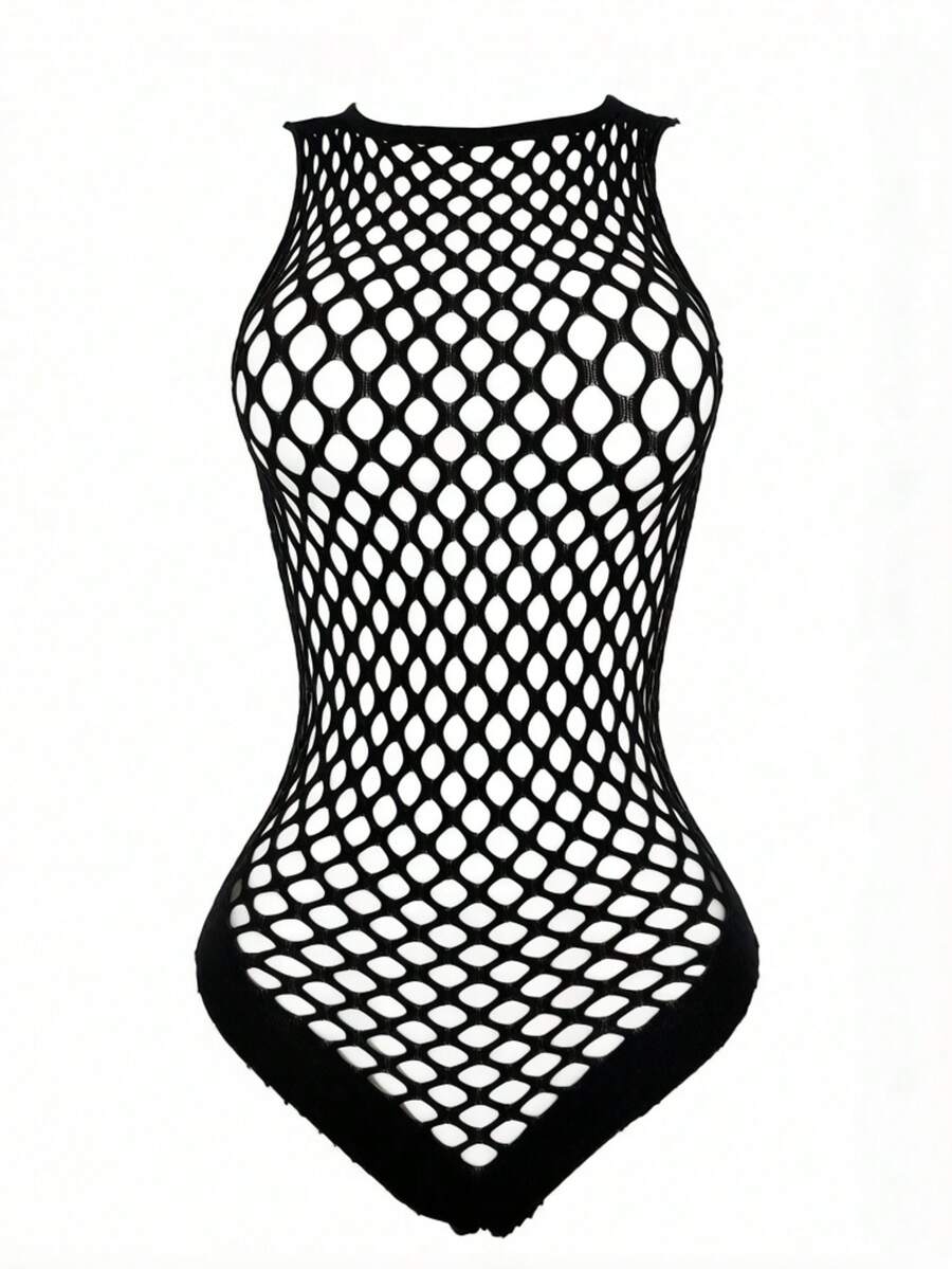 Black sheer fishnet bodystocking for men featuring a hollow-out pattern, crew neck design, and high stretch knit fabric.