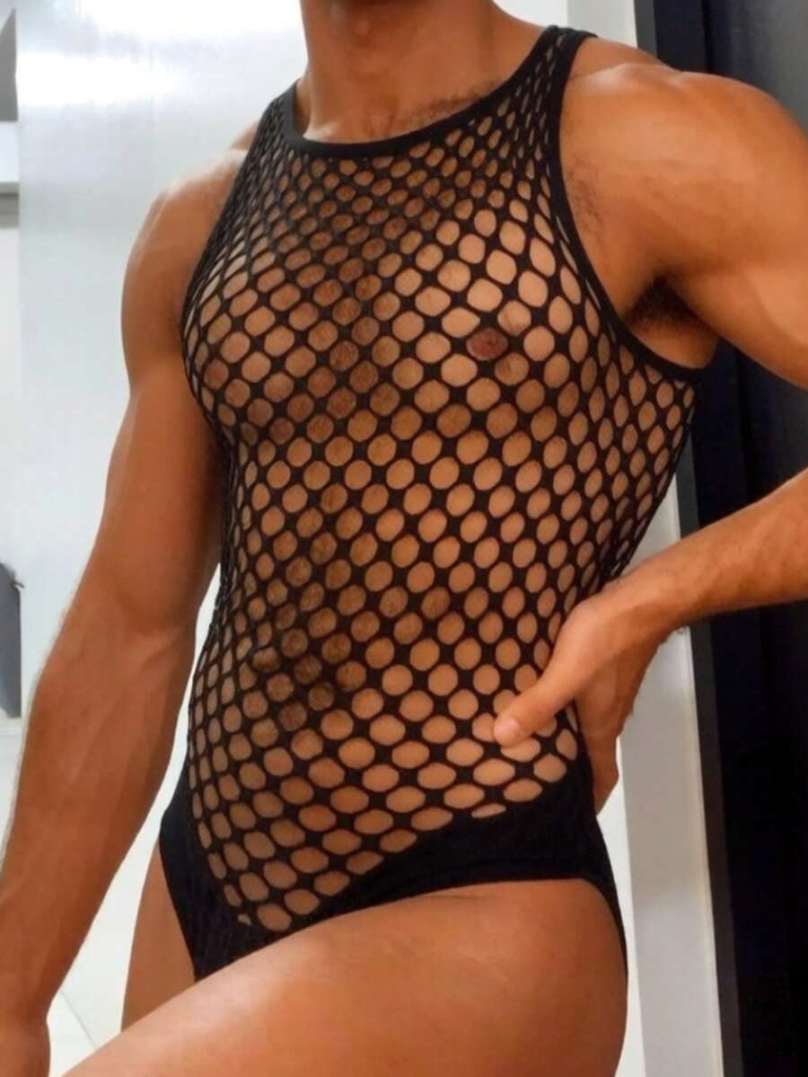 Black sheer fishnet bodystocking for men featuring a hollow-out pattern, crew neck design, and high stretch knit fabric.