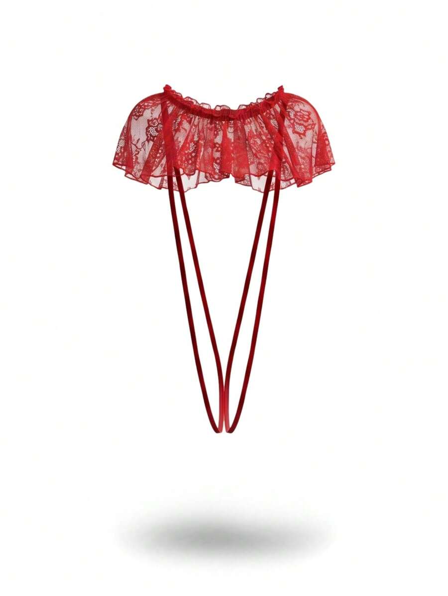 Red men's lingerie vest featuring a floral lace pattern, round neck, backless design, and ruffle hem.
