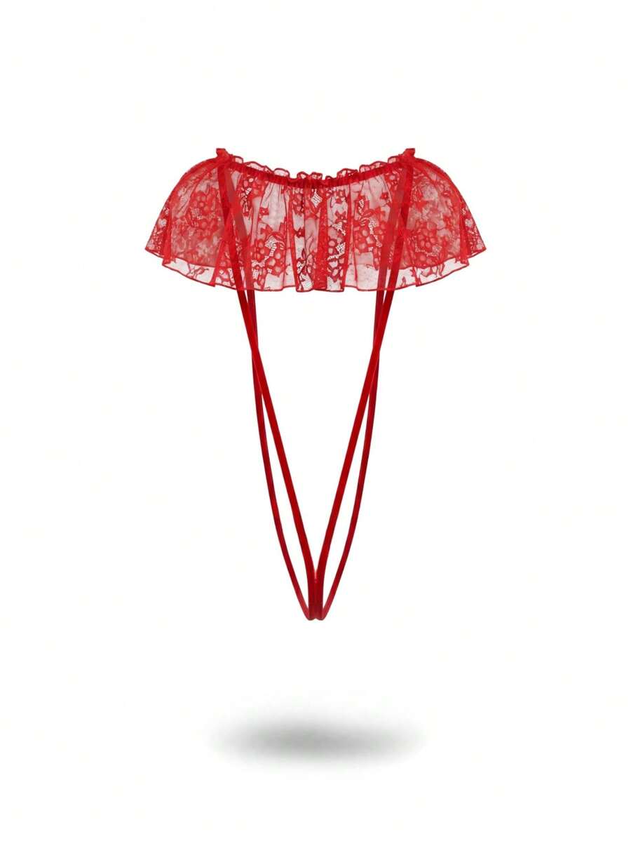 Red men's lingerie vest featuring a floral lace pattern, round neck, backless design, and ruffle hem.