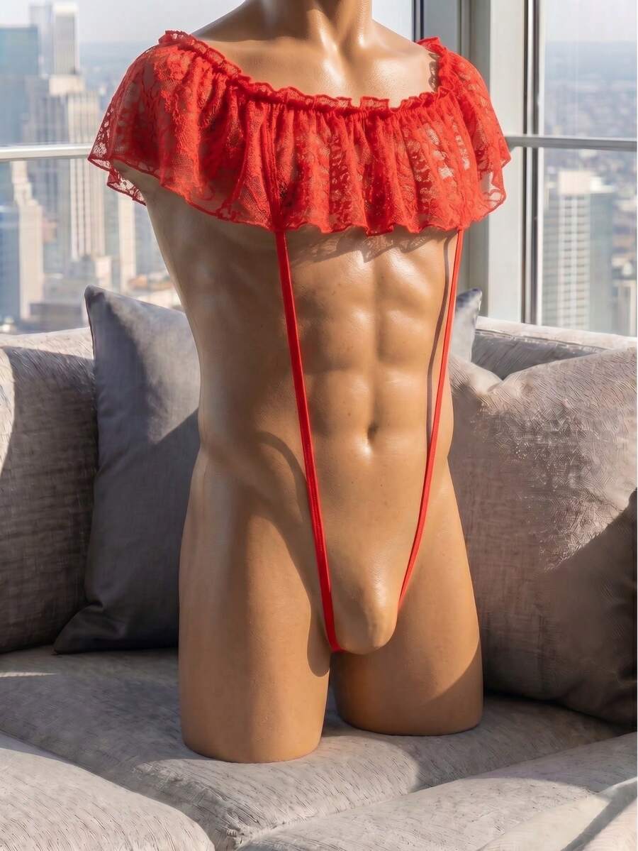Red men's lingerie vest featuring a floral lace pattern, round neck, backless design, and ruffle hem.