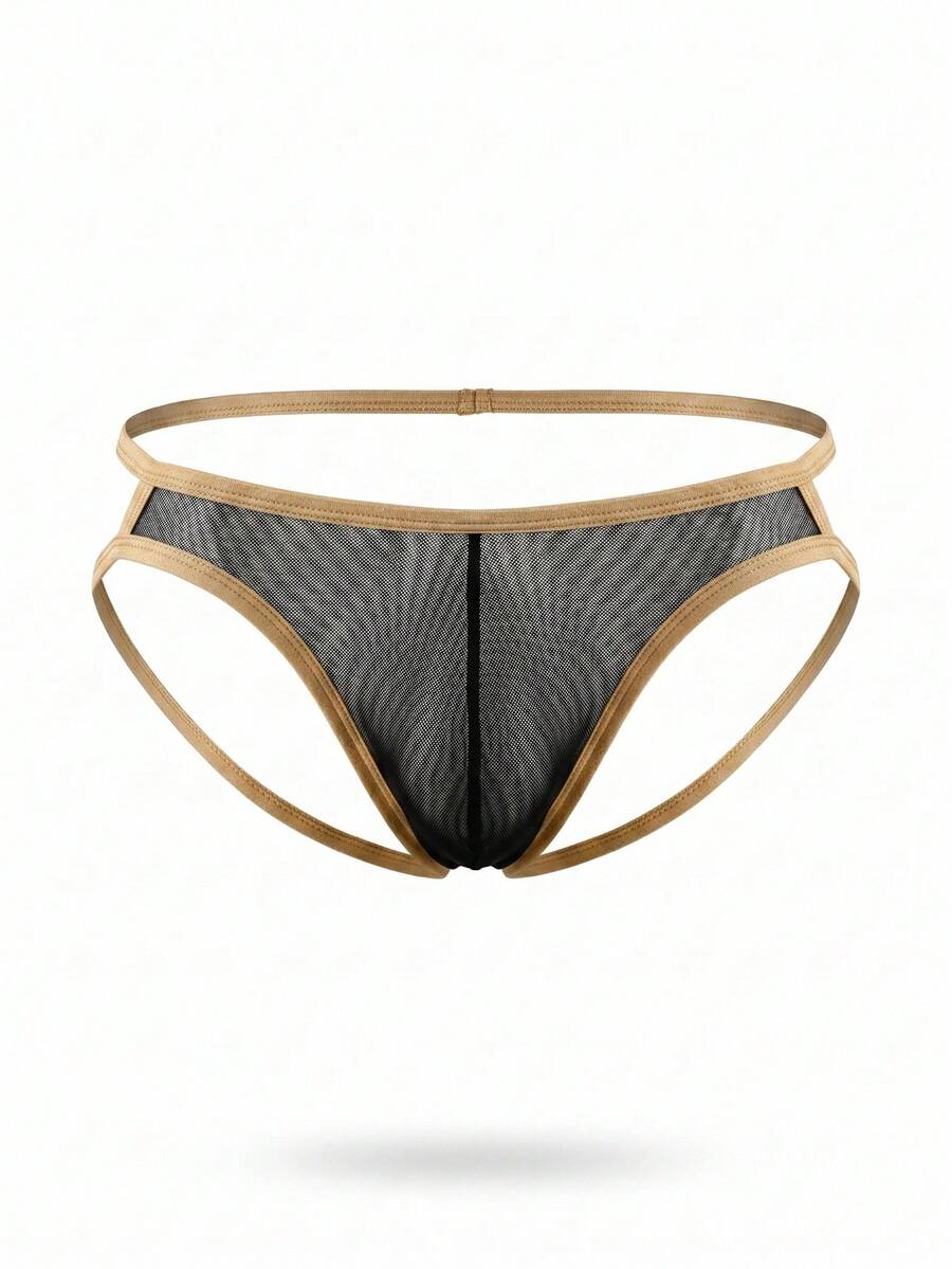 Black low rise men's T-back thong underwear with contrast mesh trim