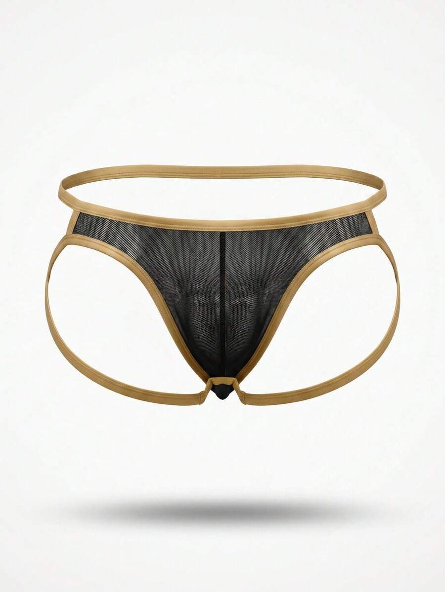 Black low rise men's T-back thong underwear with contrast mesh trim