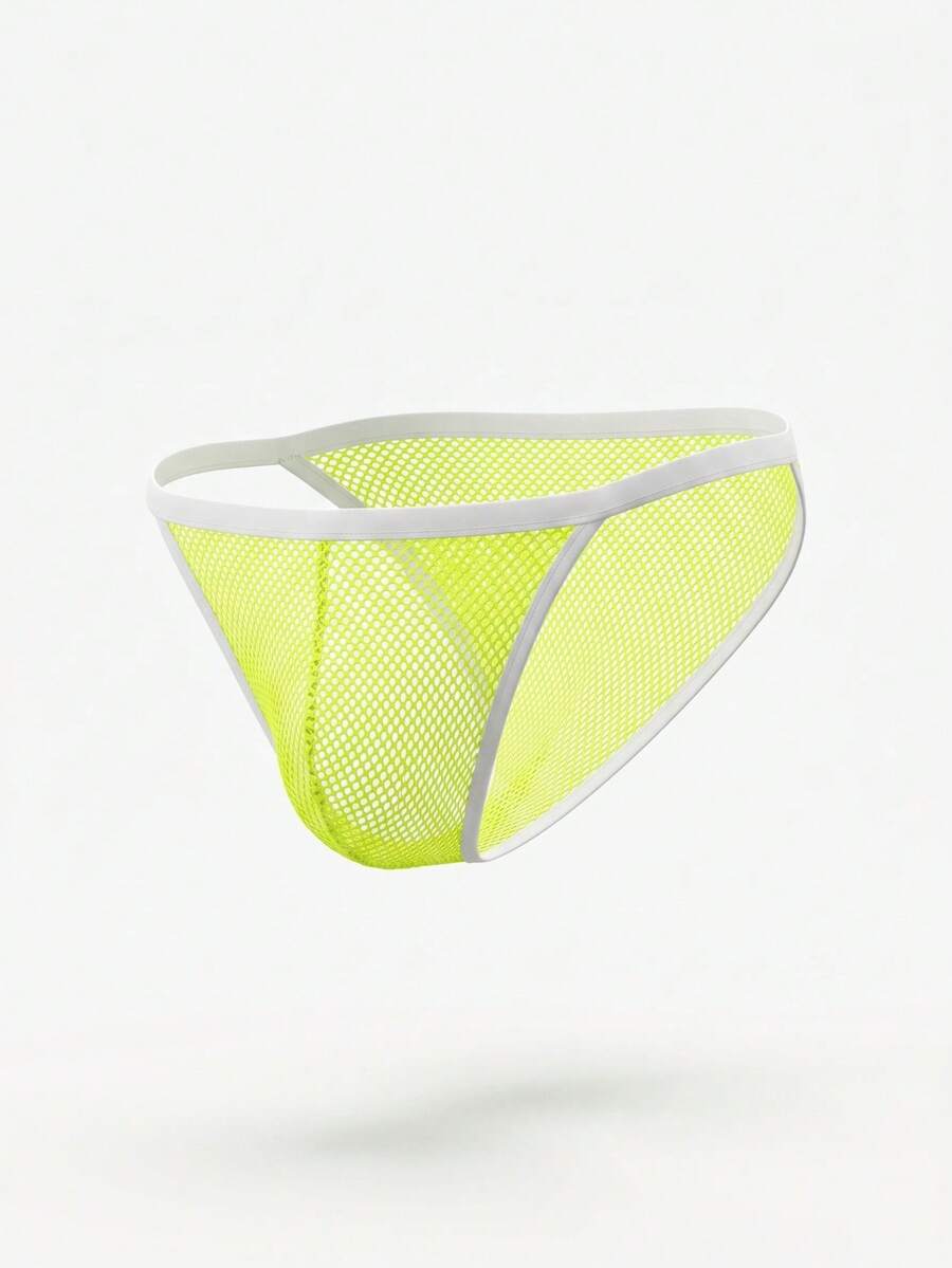 Men's green mesh high-cut triangle briefs with a low rise waist and colorblock pattern