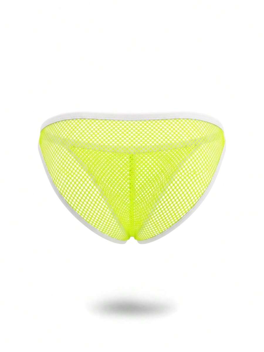 Men's green mesh high-cut triangle briefs with a low rise waist and colorblock pattern