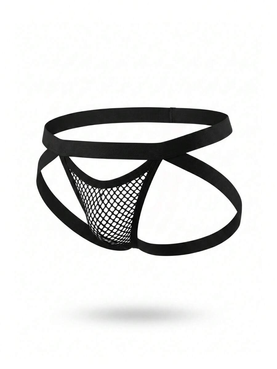 Black men's low-rise jockstrap with a double waistband and knitted stretch fabric