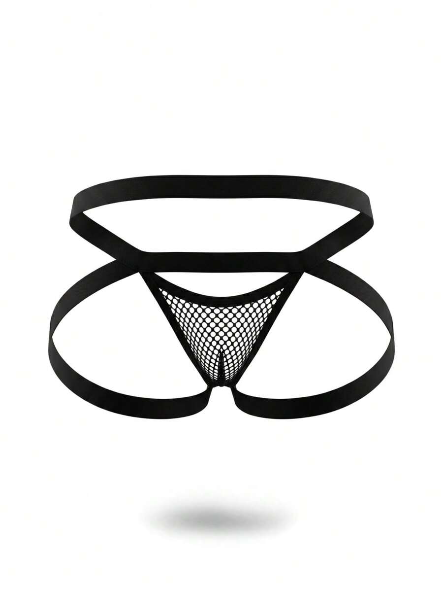 Black men's low-rise jockstrap with a double waistband and knitted stretch fabric
