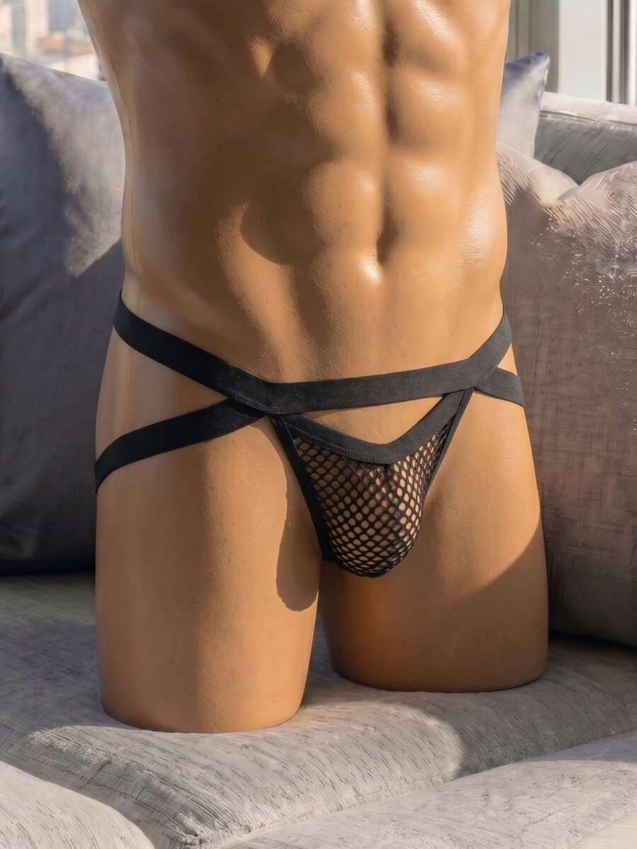 Black men's low-rise jockstrap with a double waistband and knitted stretch fabric