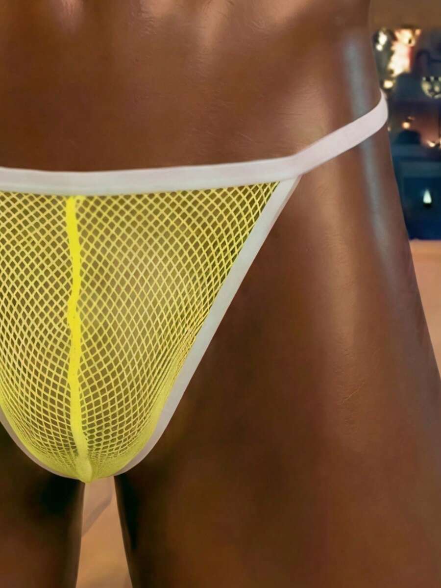 Men's green mesh high-cut triangle briefs with a low rise waist and colorblock pattern
