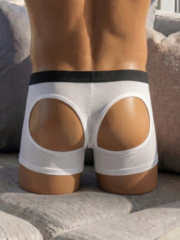 Front view of men's plain white low rise square cut boxer shorts made of stretch knitted fabric.