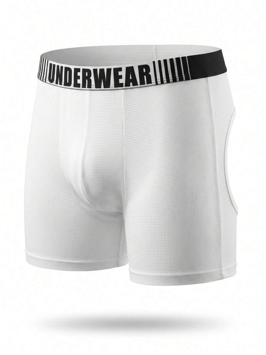 Front view of men's plain white low rise square cut boxer shorts made of stretch knitted fabric.
