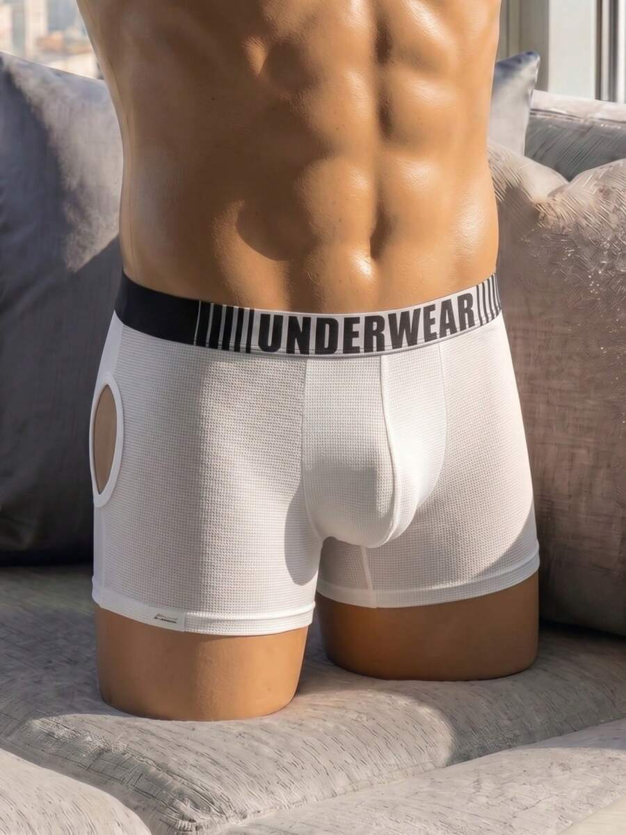 Front view of men's plain white low rise square cut boxer shorts made of stretch knitted fabric.