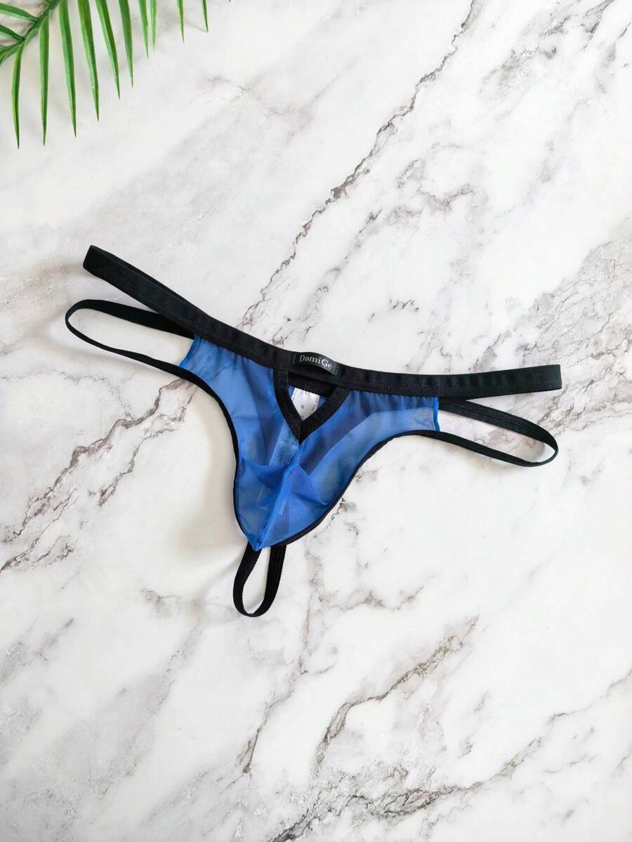 Men's black mesh G-string thong underwear featuring a low-waist cut-out front design.