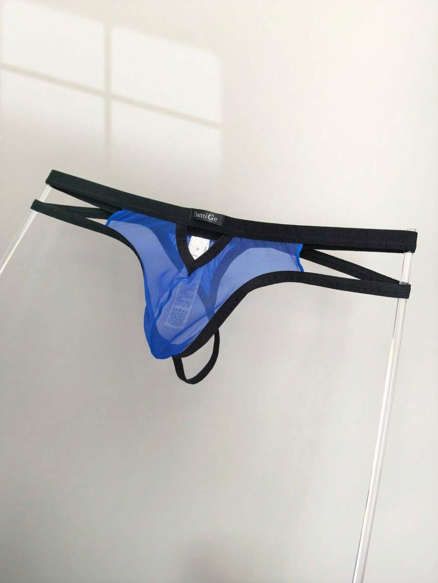 Men's black mesh G-string thong underwear featuring a low-waist cut-out front design.