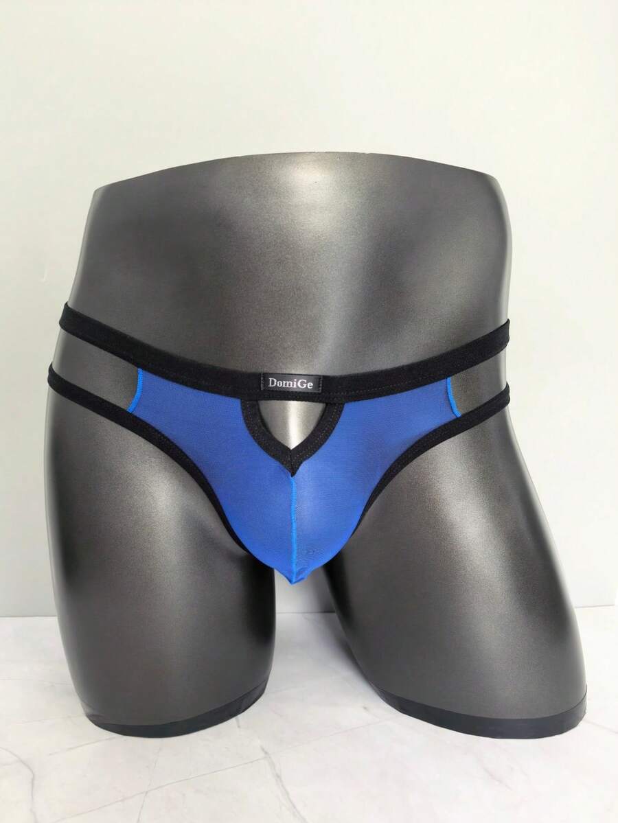 Men's black mesh G-string thong underwear featuring a low-waist cut-out front design.