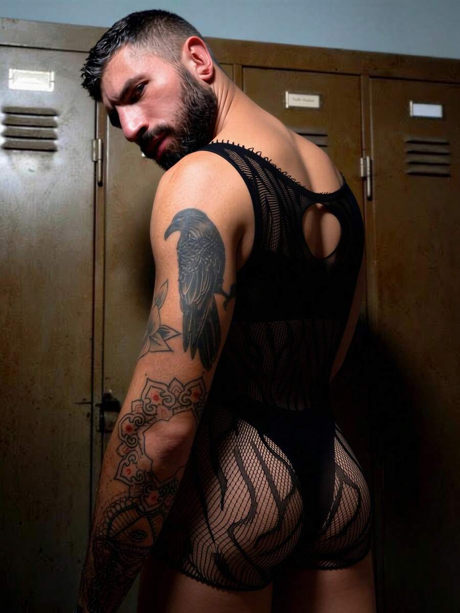 Black sheer men's fishnet jumpsuit suspender tights featuring hollow out details, spaghetti straps, and a slim fit design.