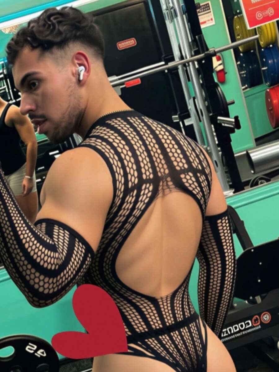 Black hollow out fishnet bodysuit for men featuring crew neck and high stretch fabric.