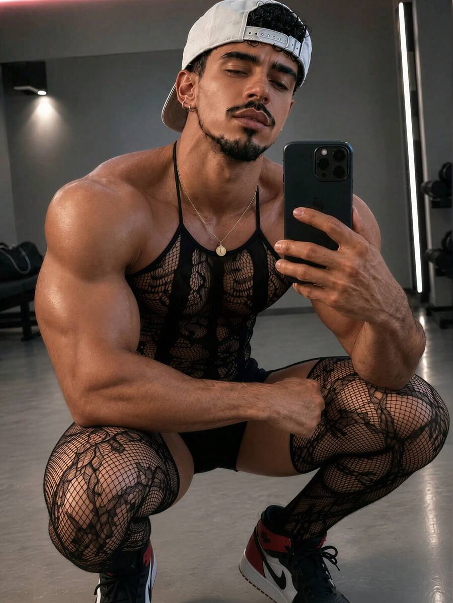 Black sheer hollow out jumpsuit for men with spaghetti straps made of high stretch knitted fabric.