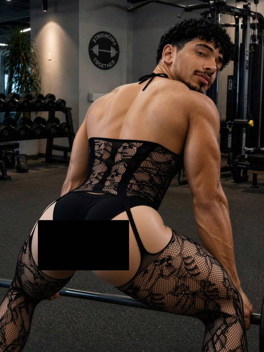 Black sheer hollow out jumpsuit for men with spaghetti straps made of high stretch knitted fabric.