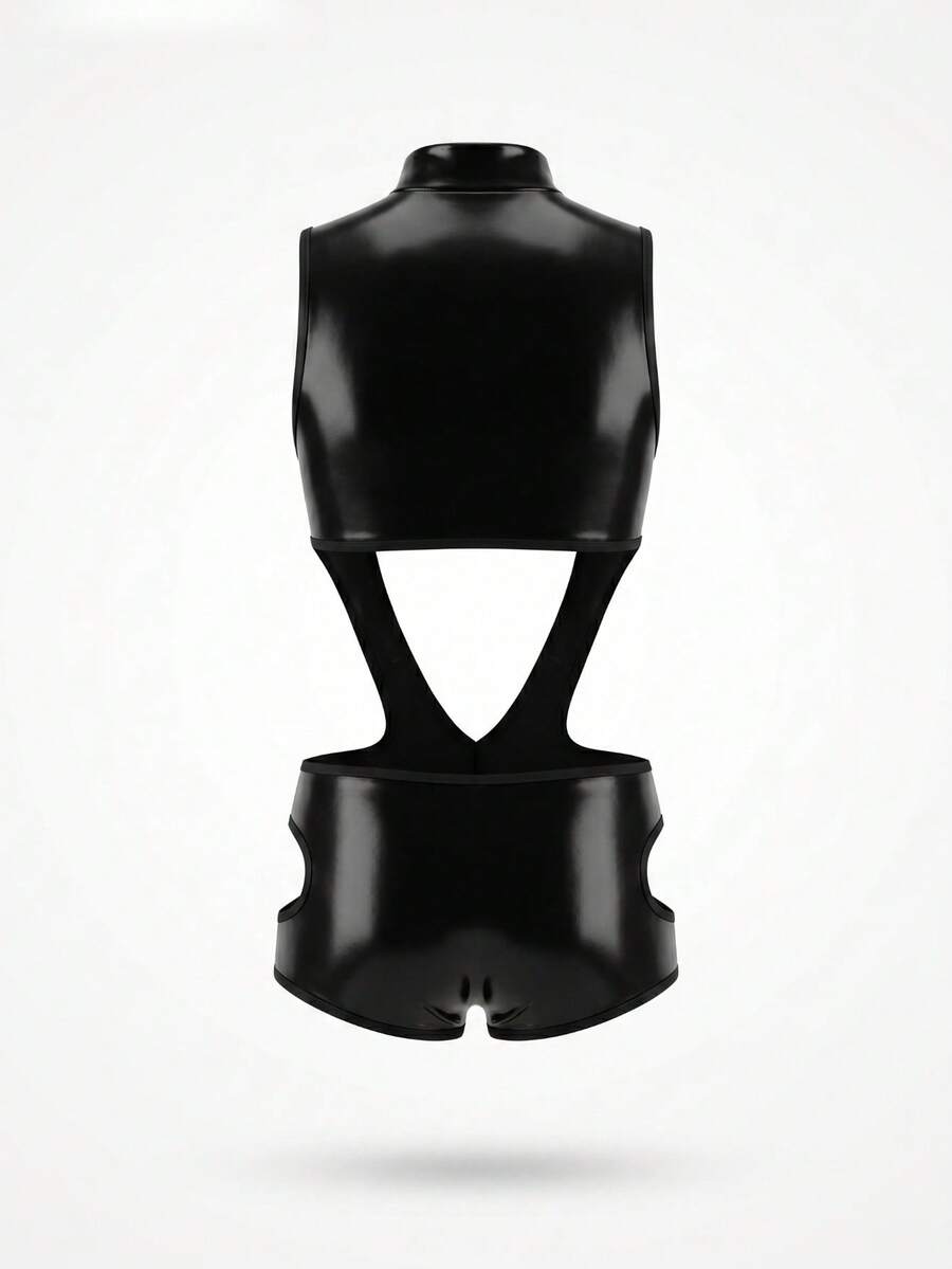 Black sleeveless slim fit men's zipper jumpsuit costume with a round neck and fake print design