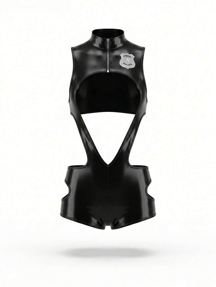 Black sleeveless slim fit men's zipper jumpsuit costume with a round neck and fake print design