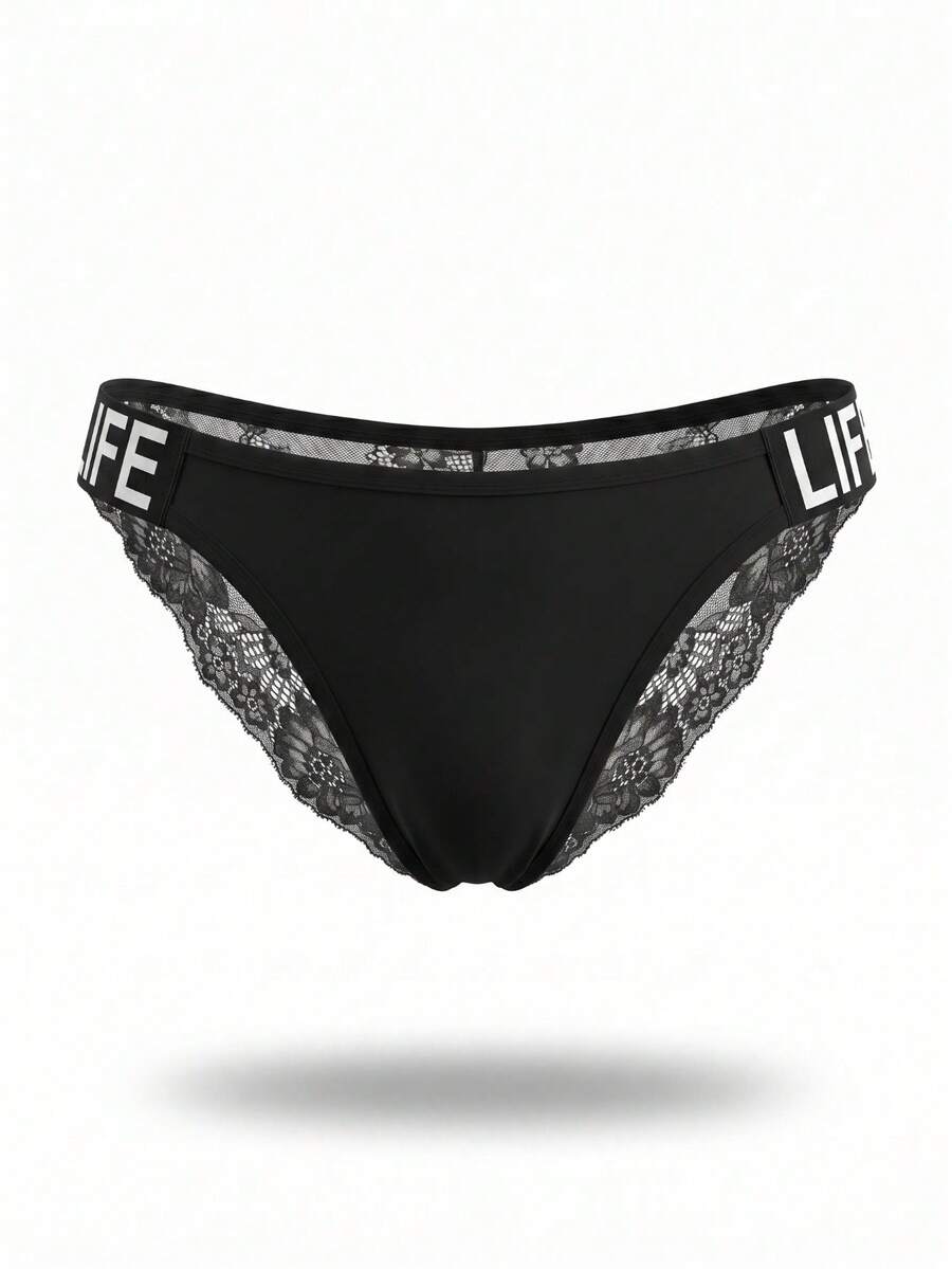 Black men's triangle briefs featuring double-sided webbing lace tape detail in semi-sheer knitted fabric.