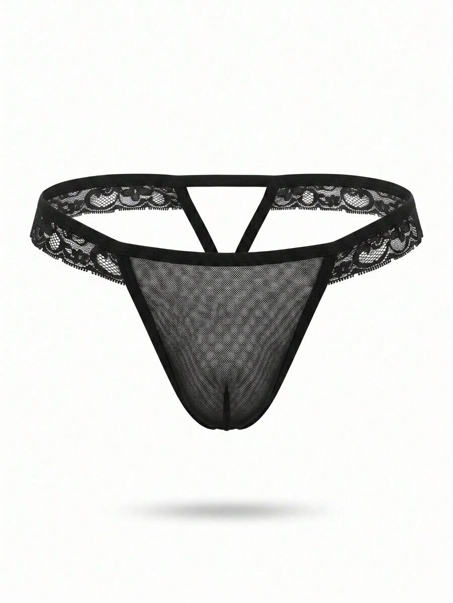 Men's black hollow mesh jockstrap featuring a lace waistband, low-rise fit, backless design, and double pouch.