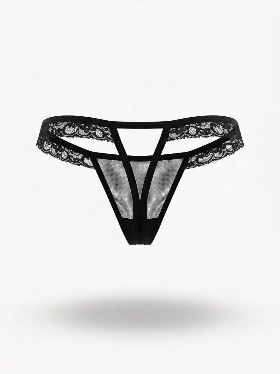 Men's black hollow mesh jockstrap featuring a lace waistband, low-rise fit, backless design, and double pouch.