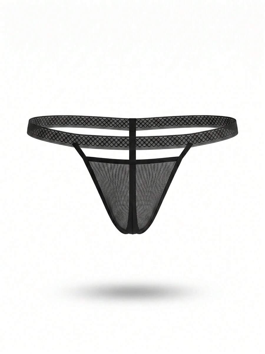 Black hollow mesh thong underwear for men with low rise waist and medium stretch fabric.