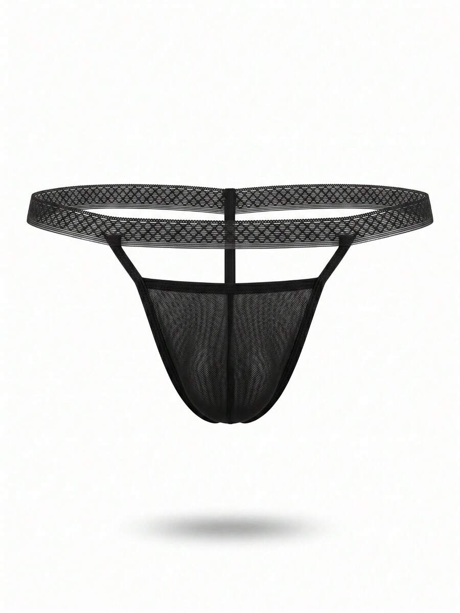 Black hollow mesh thong underwear for men with low rise waist and medium stretch fabric.