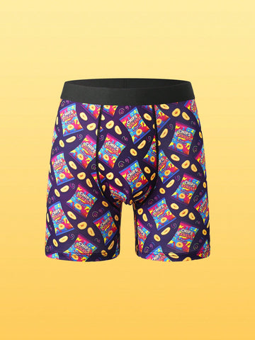Men's low rise long boxer briefs with a colorful multicolor chips and banana snack graphic print.