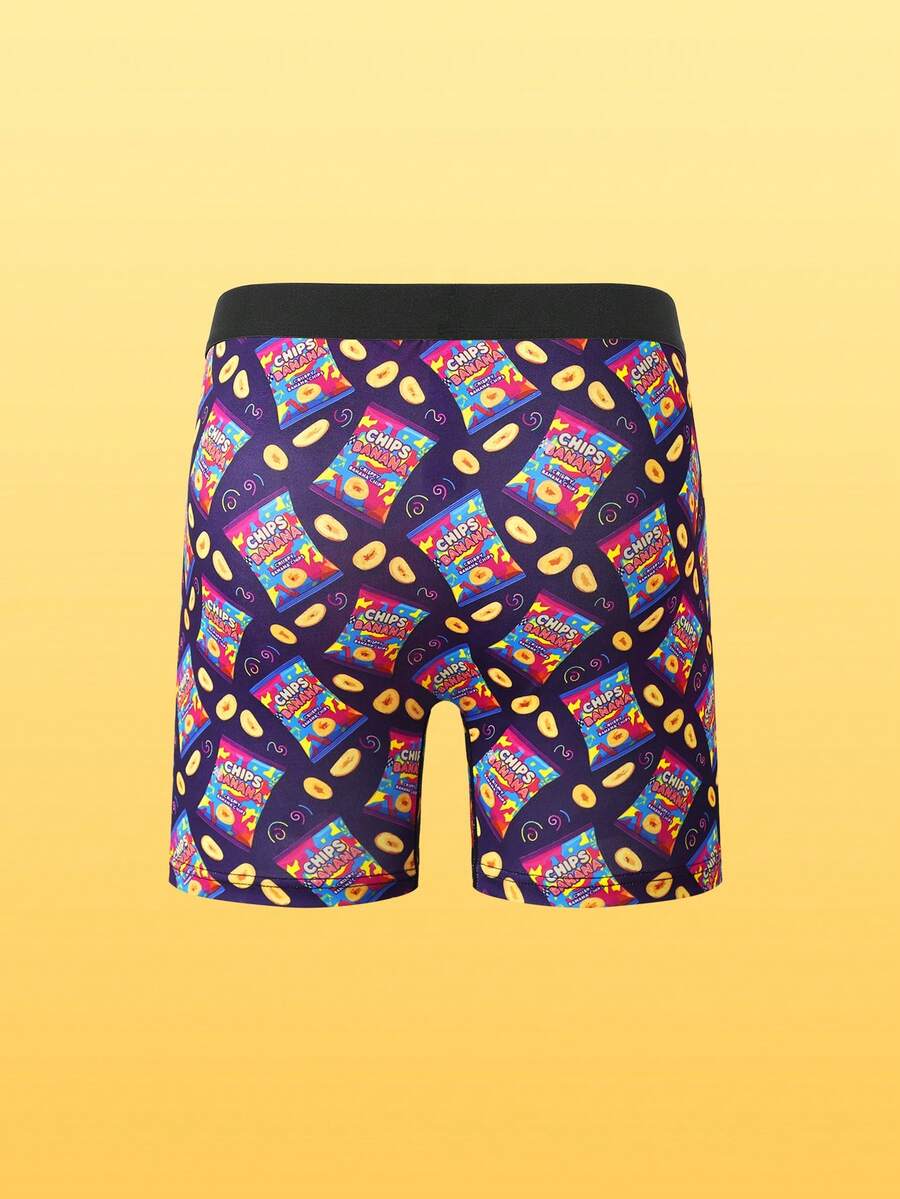 Men's low rise long boxer briefs with a colorful multicolor chips and banana snack graphic print.