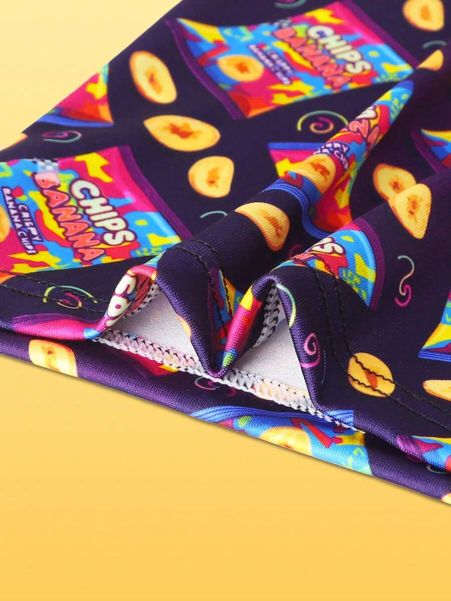 Men's low rise long boxer briefs with a colorful multicolor chips and banana snack graphic print.
