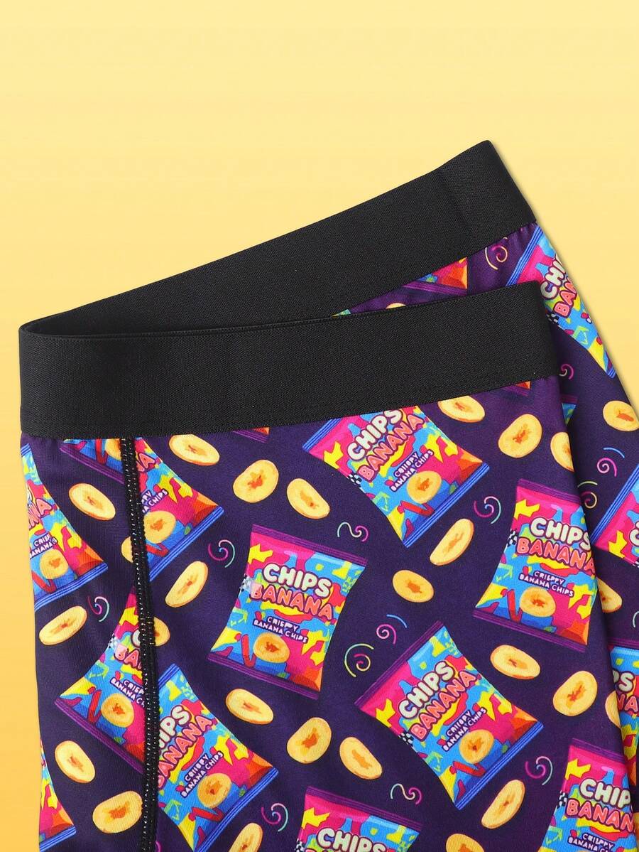 Men's low rise long boxer briefs with a colorful multicolor chips and banana snack graphic print.