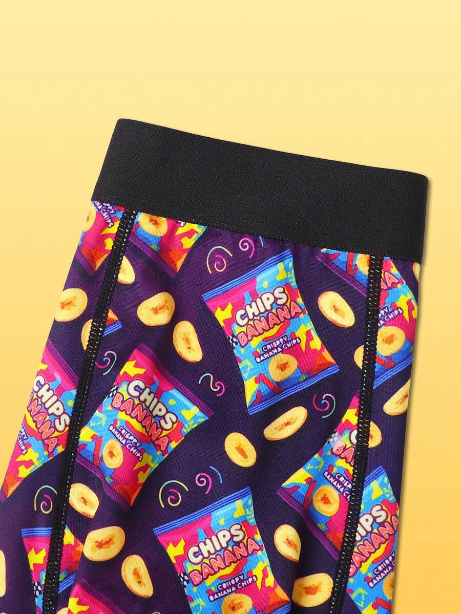 Men's low rise long boxer briefs with a colorful multicolor chips and banana snack graphic print.