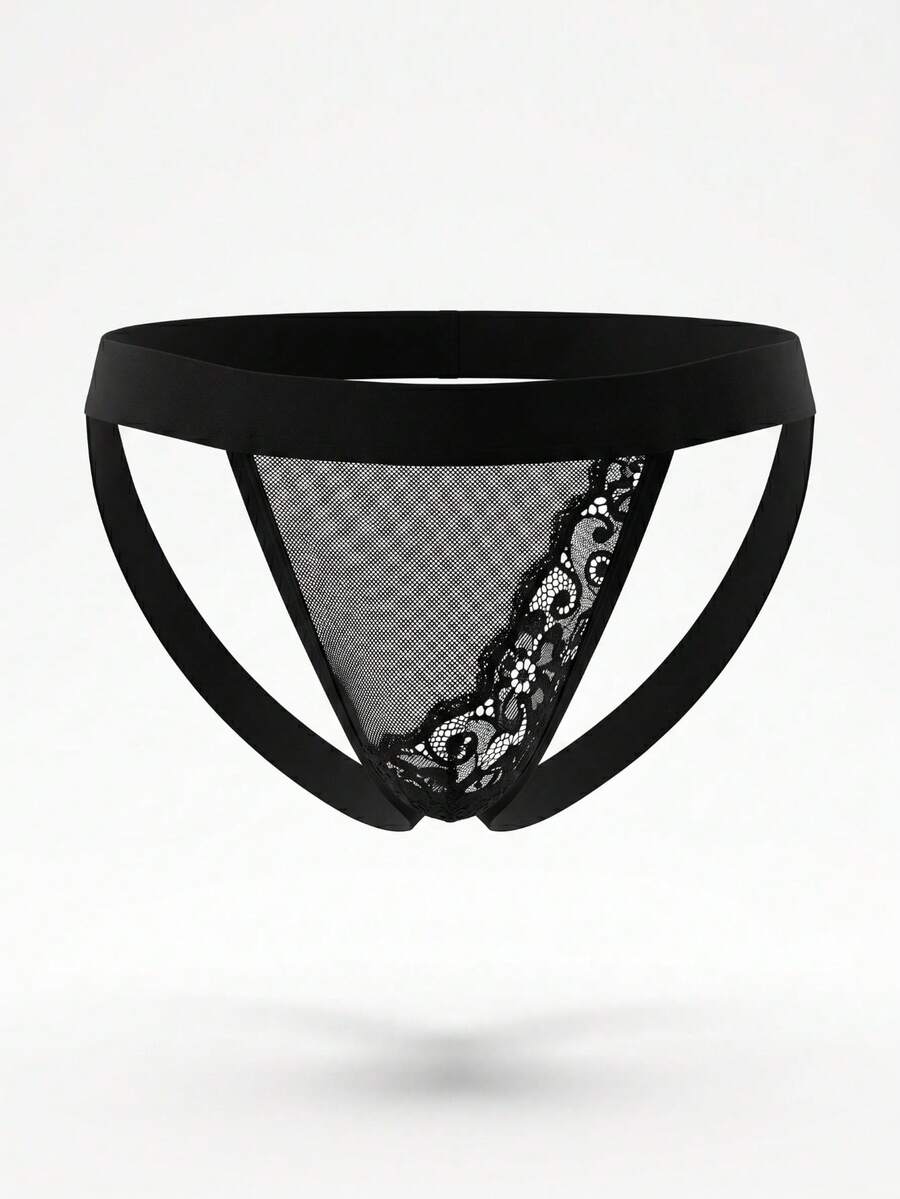 Black low rise men's mesh jockstrap featuring hollow out back waist design with lace trim.