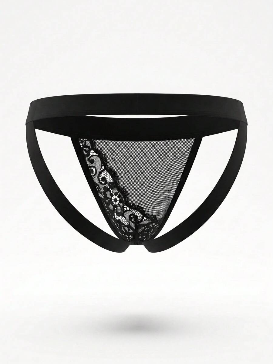Black low rise men's mesh jockstrap featuring hollow out back waist design with lace trim.