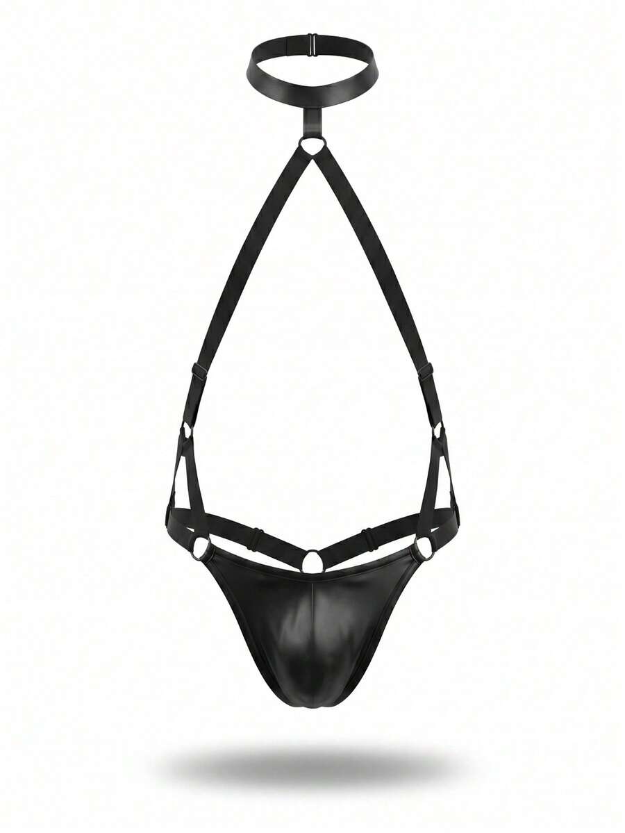 Black men's low rise thong lingerie featuring a backless design with cross straps, made of unlined plain knitted fabric.