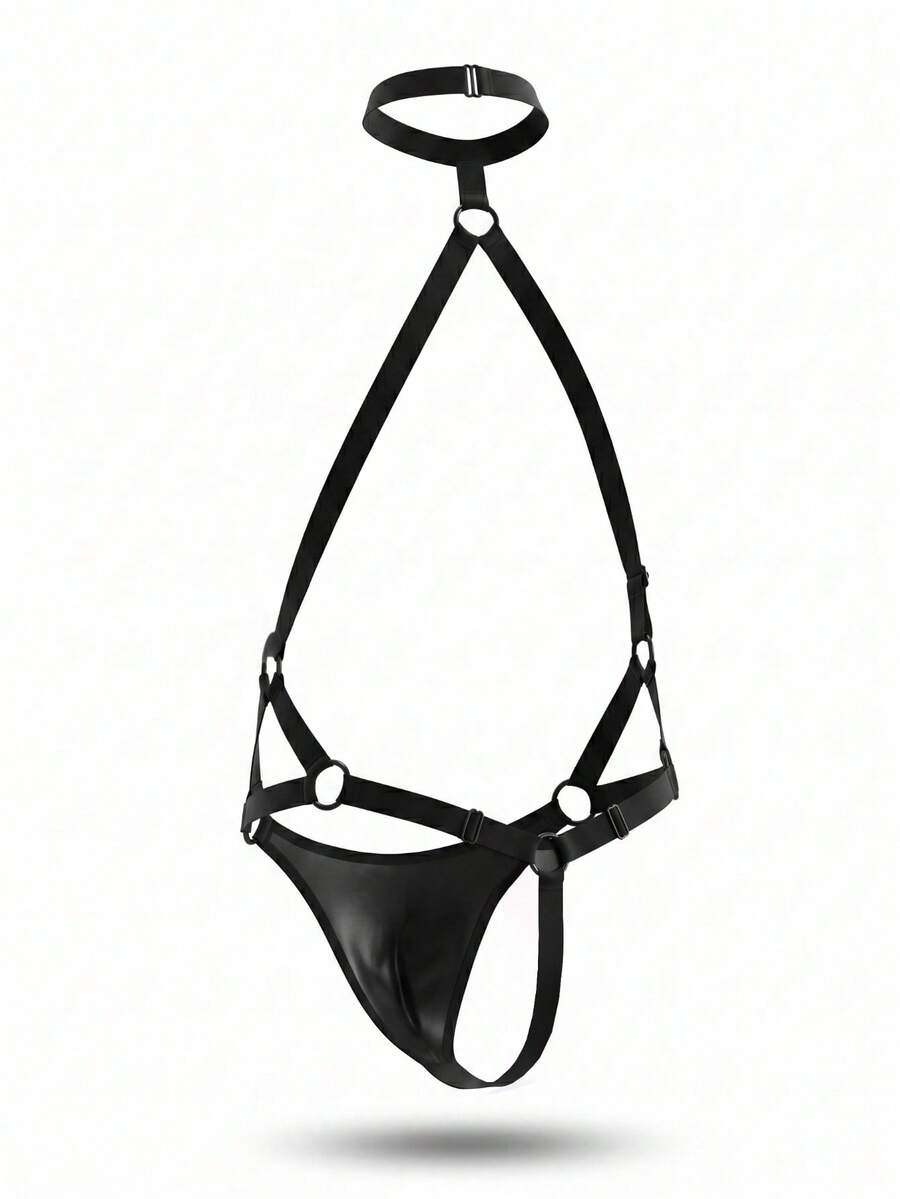 Black men's low rise thong lingerie featuring a backless design with cross straps, made of unlined plain knitted fabric.