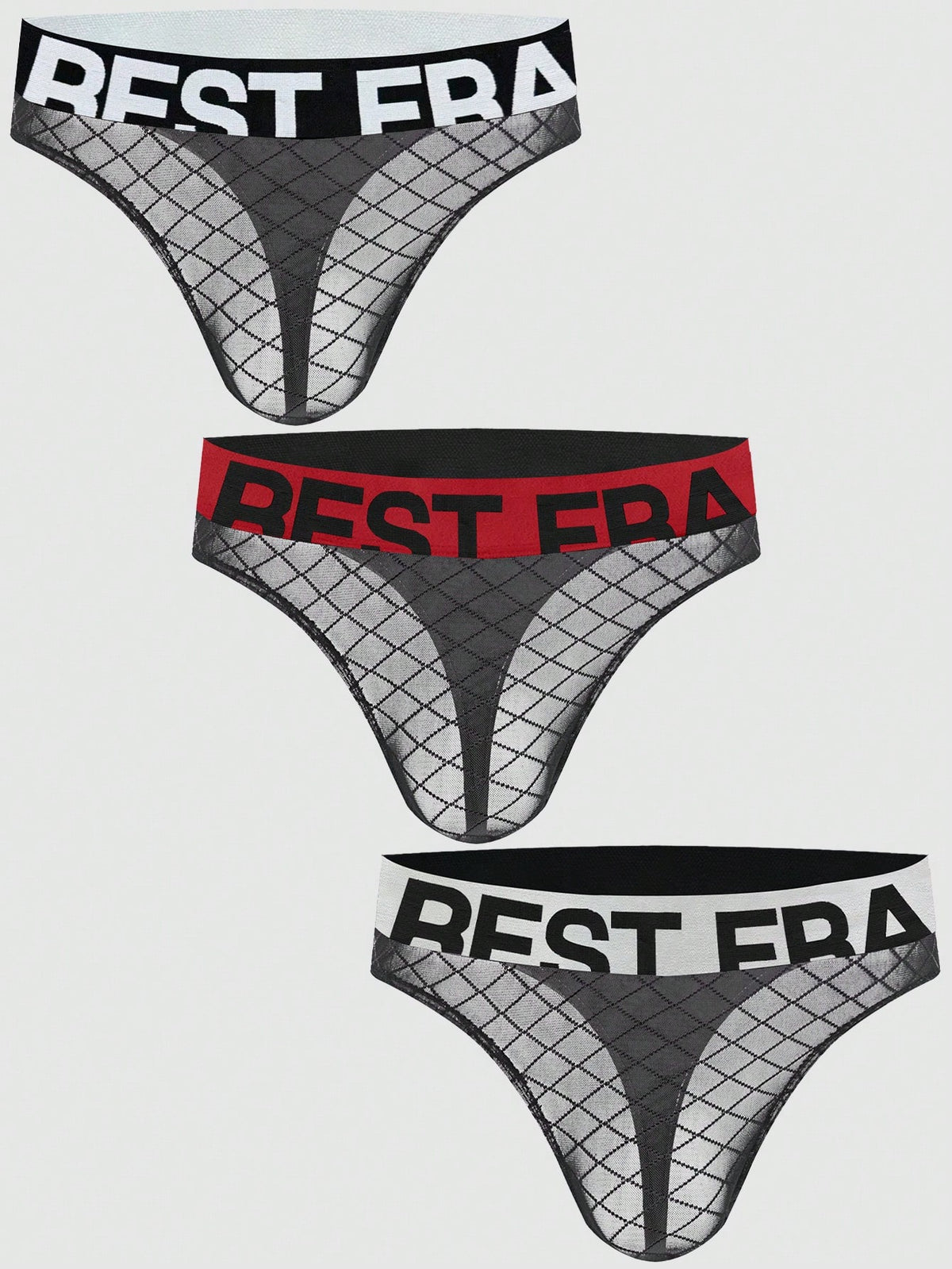 Black men's low rise letter print thongs in semi-sheer knitted fabric 3 piece set