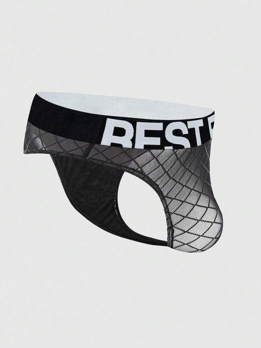Black men's low rise letter print thongs in semi-sheer knitted fabric 3 piece set
