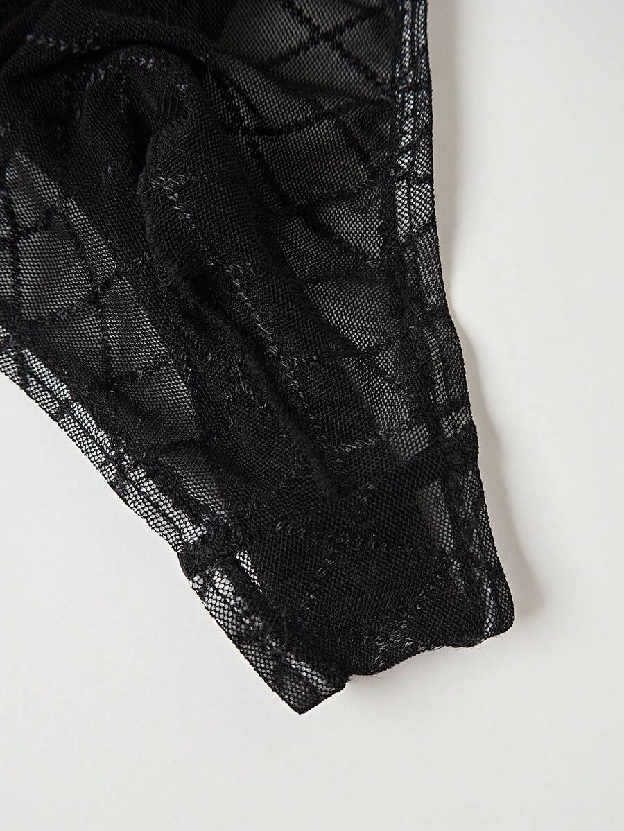 Black men's low rise letter print thongs in semi-sheer knitted fabric 3 piece set