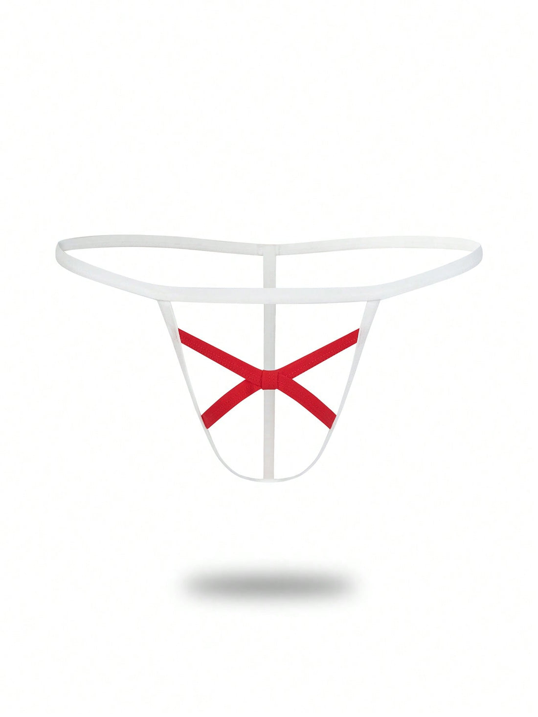 Men's low rise colorblock thong underwear in red and white knitted fabric.