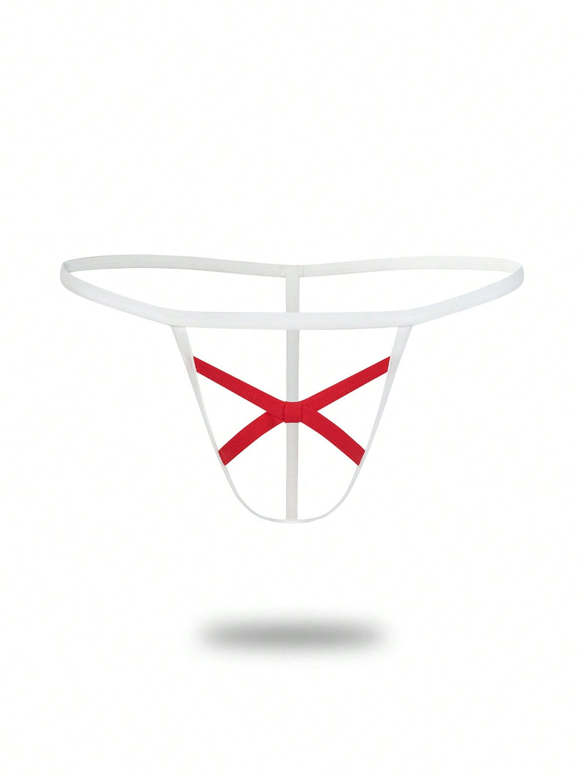 Men's low rise colorblock thong underwear in red and white knitted fabric.